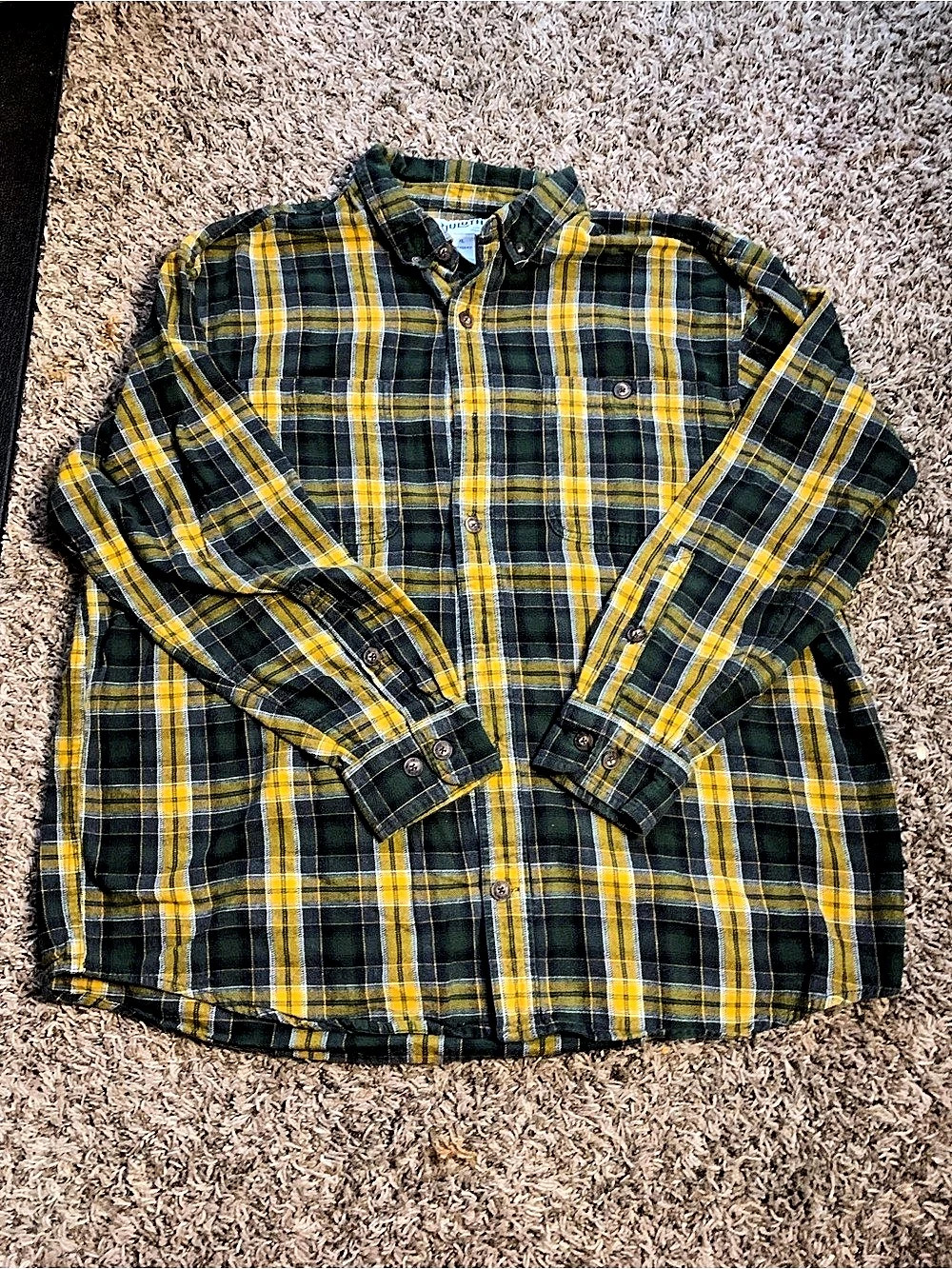 DULUTH TRADING CO Men's XL Relaxed Fit Green & Yellow Plaid Flannel Shirt
